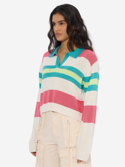 The Souled Store Lemonade Women and Girls Long Sleeves Collared Neck Multicolor Colourblocked Acrylic Oversized Cropped Sweaters