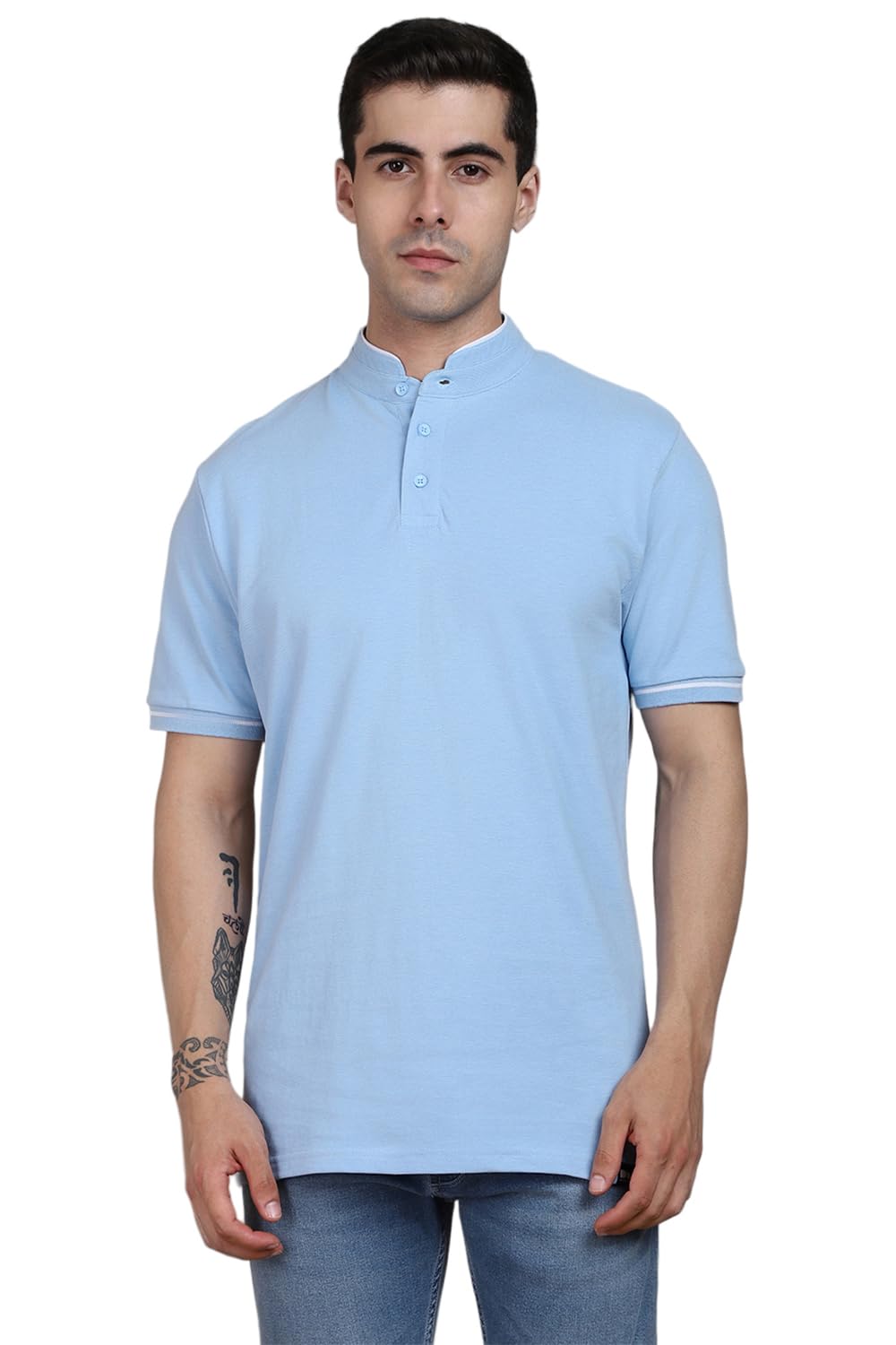 Dennis Lingo MenS Cotton Blue Solid Stand Collar T-Shirt