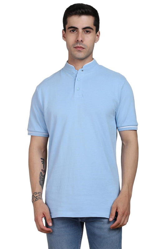 Dennis Lingo MenS Cotton Blue Solid Stand Collar T-Shirt