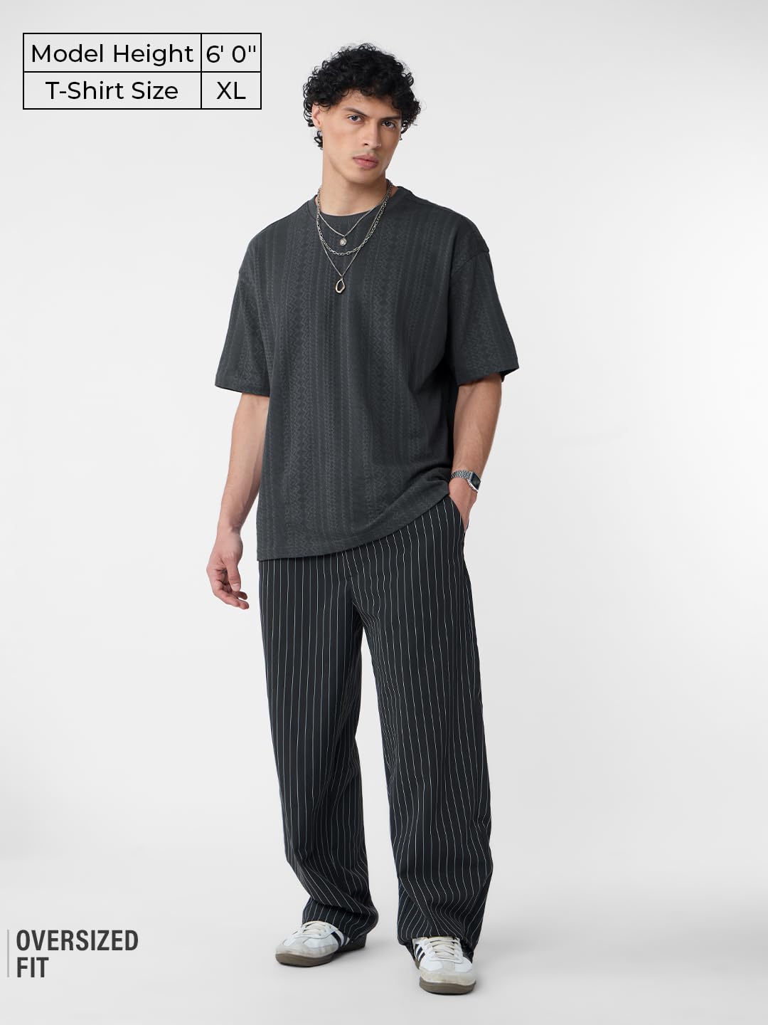 The Souled Store Textured T-Shirt: Midnight Men and Boys Short Sleeves Round Neck Grey Cotton Oversized T-Shirts