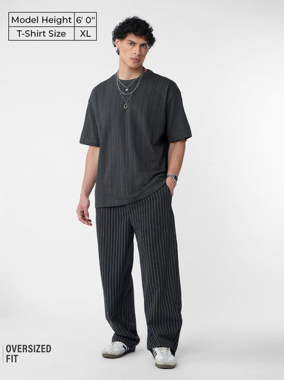 The Souled Store Textured T-Shirt: Midnight Men and Boys Short Sleeves Round Neck Grey Cotton Oversized T-Shirts