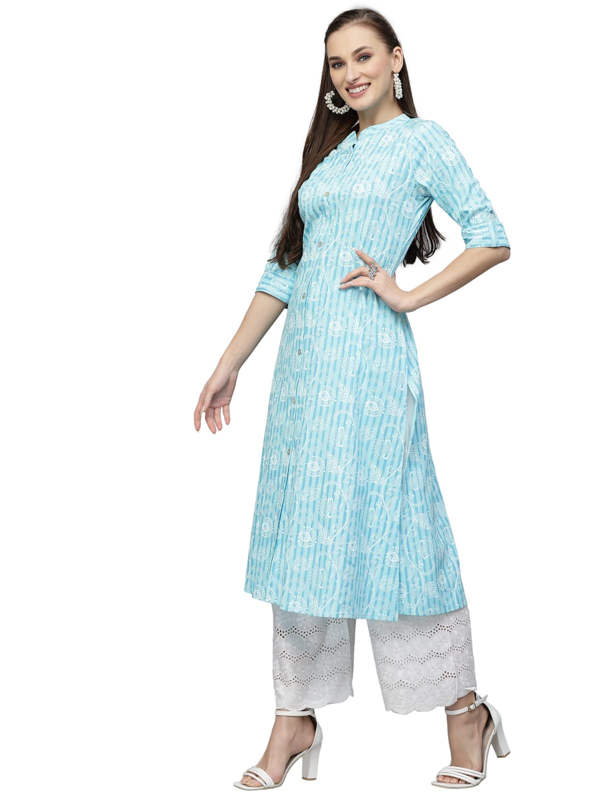 Stylum Women's Printed Rayon A-Line Kurta (Turquoise Blue)