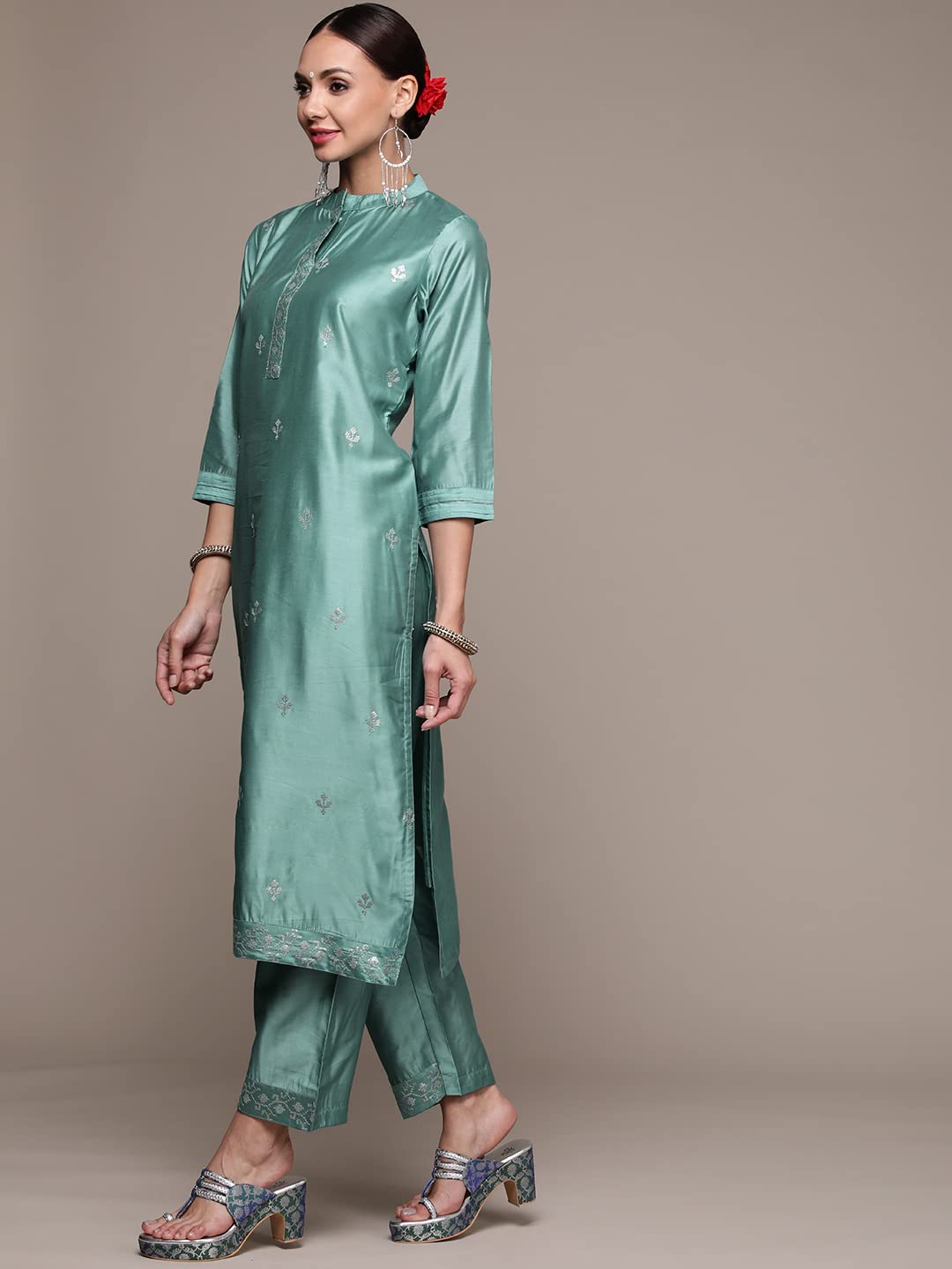 anubhutee Women's Handwork Silk Blend Kurta Set with Trousers and Dupatta