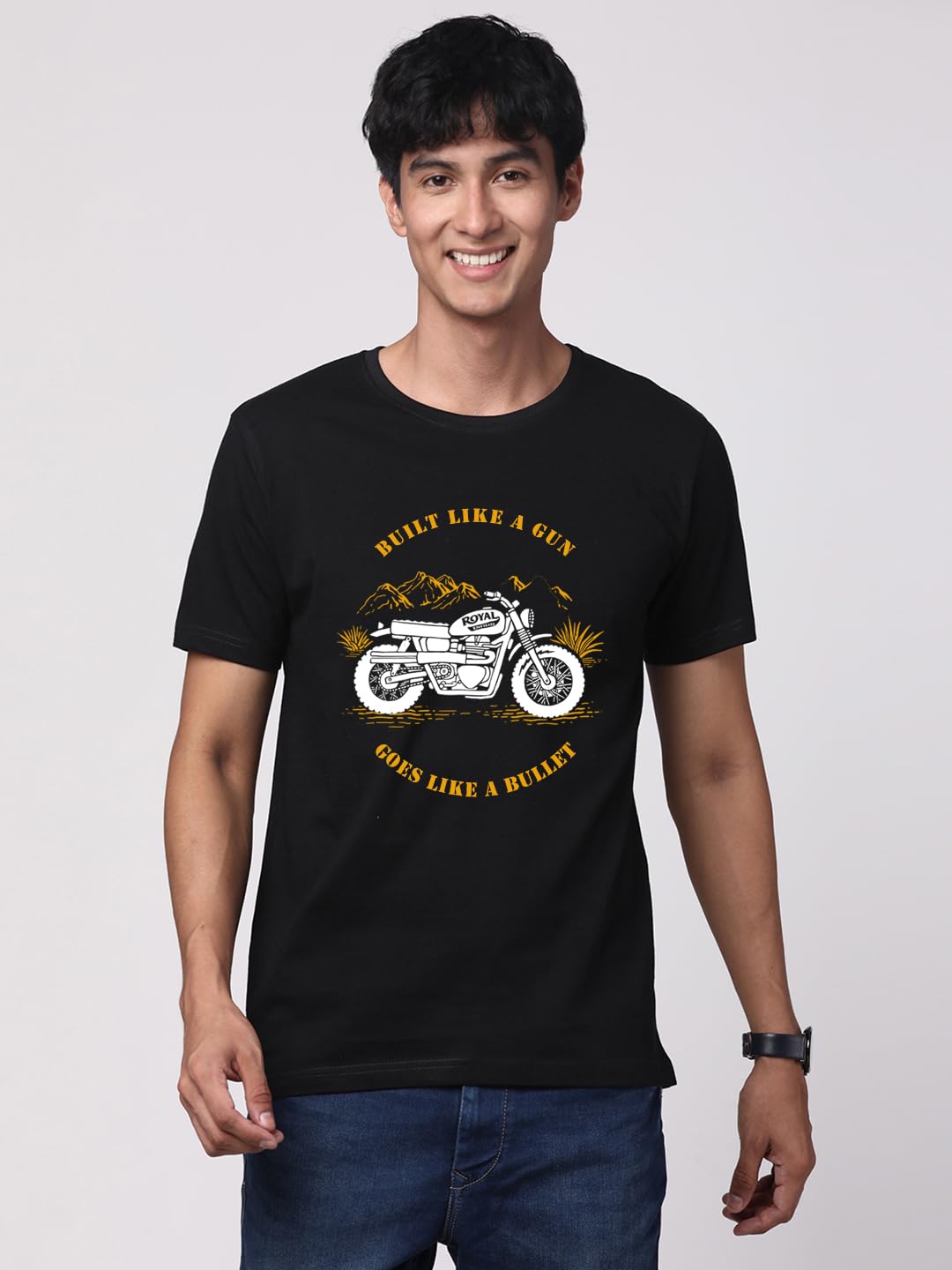 ADRO Men's Royal Bike Design Printed 100% Cotton T-Shirt - Regular Fit, Printed T-Shirts for Men (RN24-RYL-BL_Black)