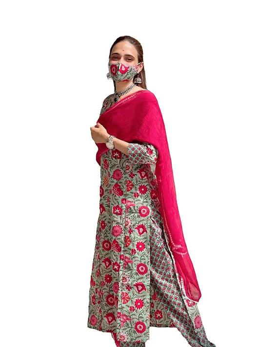 ANNI DESIGNER Women's Cotton Blend Printed Straight Kurta with Pant & Dupatta (Diw-BKC-651)