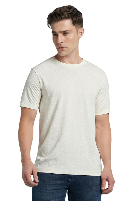 Dennis Lingo Men Cotton-Blend Regular Fit Solid Textured T-Shirt Off White