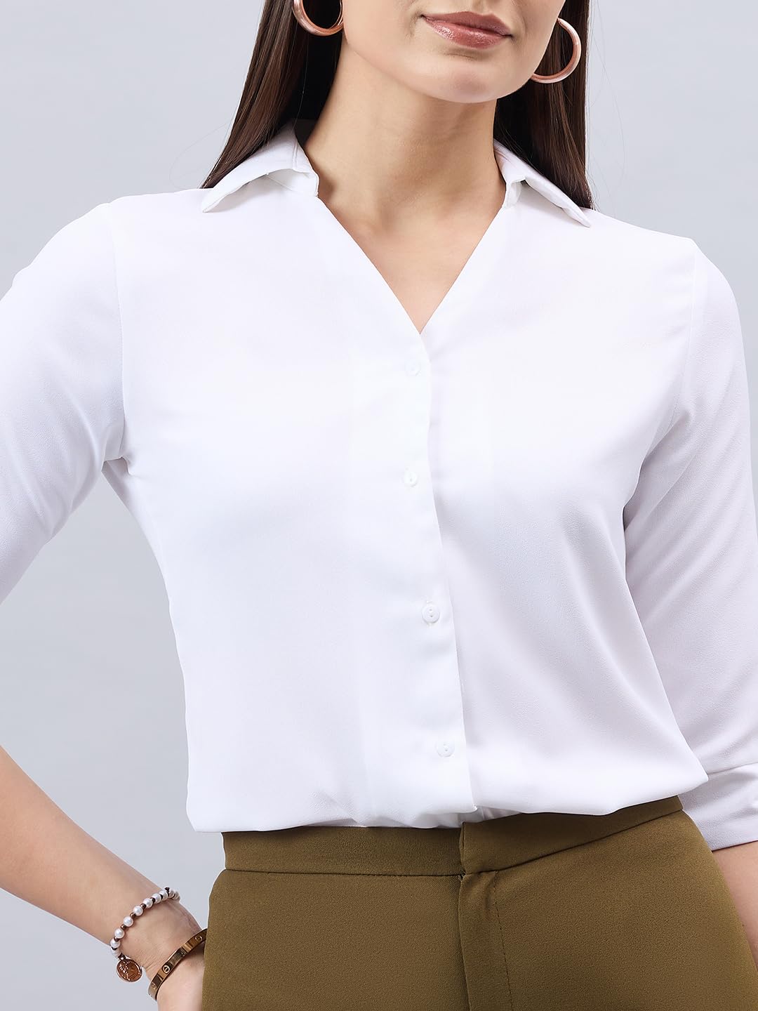 Style Quotient Women White Solid Polymoss Regular Formal Shirt
