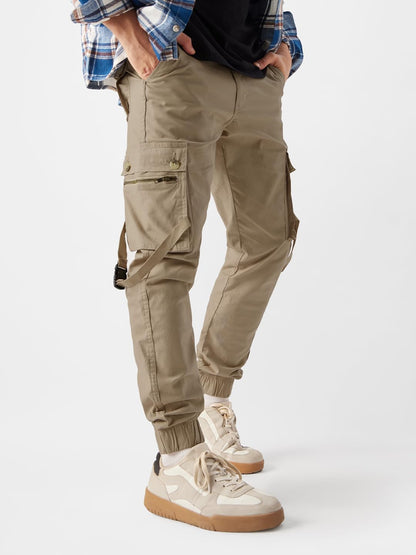 The Souled Store Solids: Beige Men and Boys Regular Fit Cotton Cargo Joggers