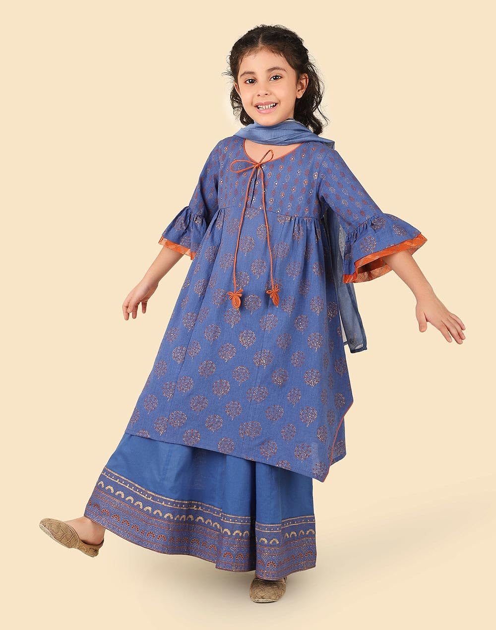 Fabindia Girl's Cotton Printed Regular Fit Pallazo Set (1032852BLUE_Blue