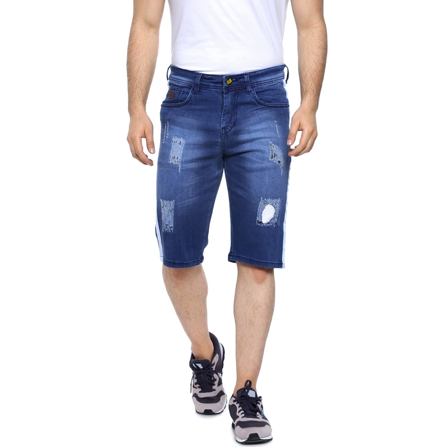 Campus Sutra Mens Denim Shorts for Regular Wear|Blue|Mid Wash|Mild Distress|Slim Fit|Denim Shorts Crafted with Comfort Fit and