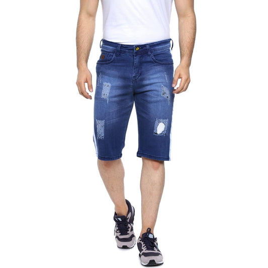 Campus Sutra Mens Denim Shorts for Regular Wear|Blue|Mid Wash|Mild Distress|Slim Fit|Denim Shorts Crafted with Comfort Fit and
