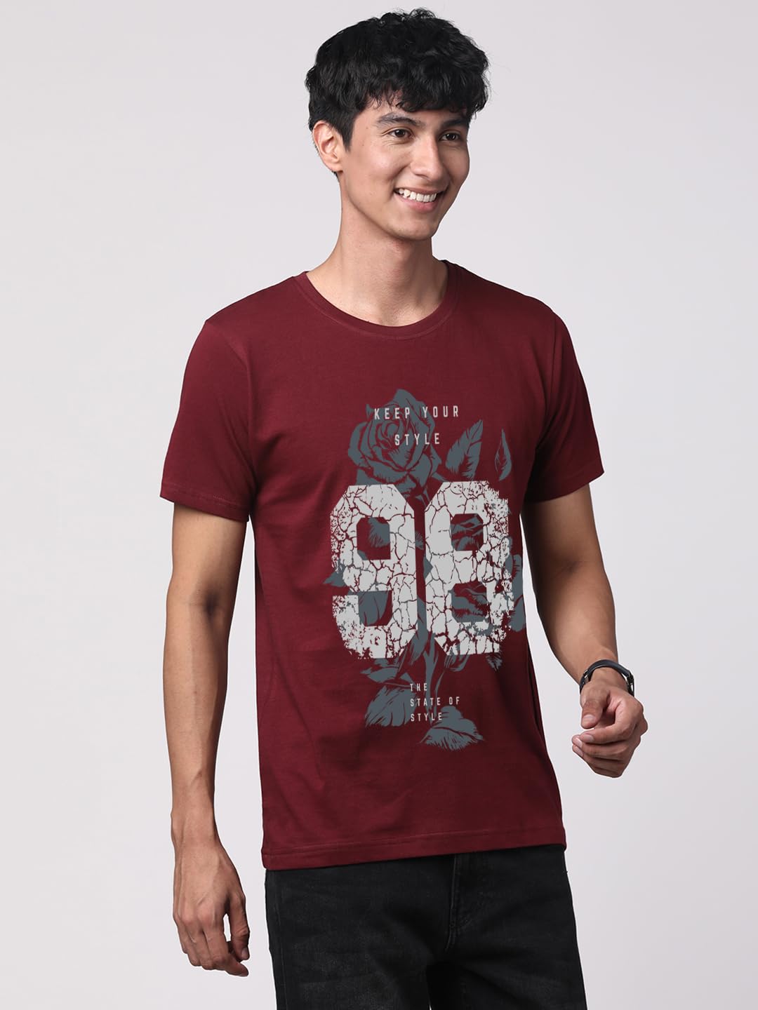ADRO Graphic Printed T-Shirt for Men - 100% Cotton, Regular Fit, Soft Breathable Fabric. (RN23-M-98-MR_Maroon)