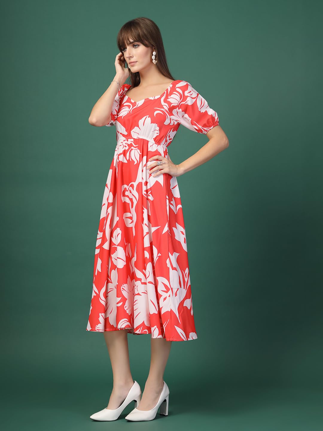 Oomph! Flared Dress For Women Stylish | Long One Piece For Women | Puff Sleeve Long Dress | Floral Print Maxi One Piece | Wester