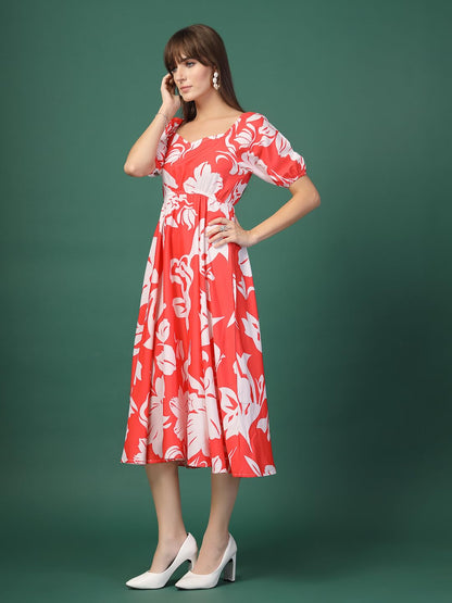 Oomph! Flared Dress For Women Stylish | Long One Piece For Women | Puff Sleeve Long Dress | Floral Print Maxi One Piece | Wester