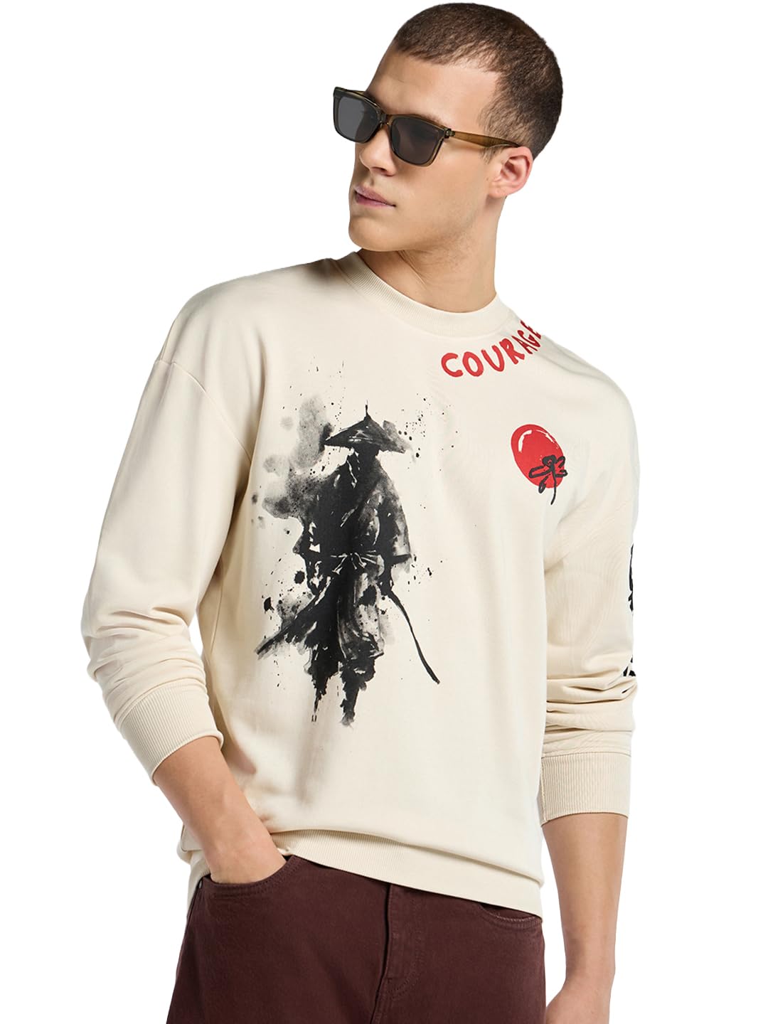 Bewakoof Mens Graphic Print Oversized Fit Full Sleeve Round Neck Cotton Terry Sweatshirt_690810_Beige_M
