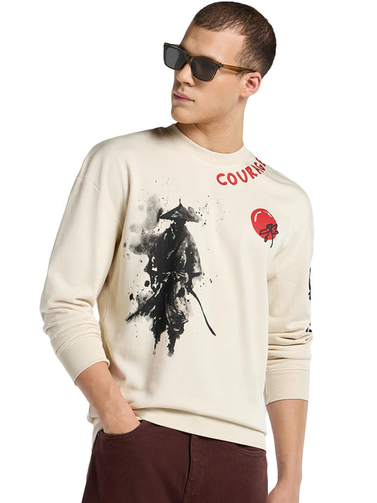Bewakoof Mens Graphic Print Oversized Fit Full Sleeve Round Neck Cotton Terry Sweatshirt_690810_Beige_M