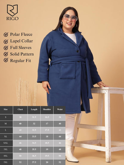Rigo Cotton Full Sleeves Plus Size Long Overcoat for Women | Plus Size, Lapel Collar Womens Jacket | Winter Wear Over Coat for