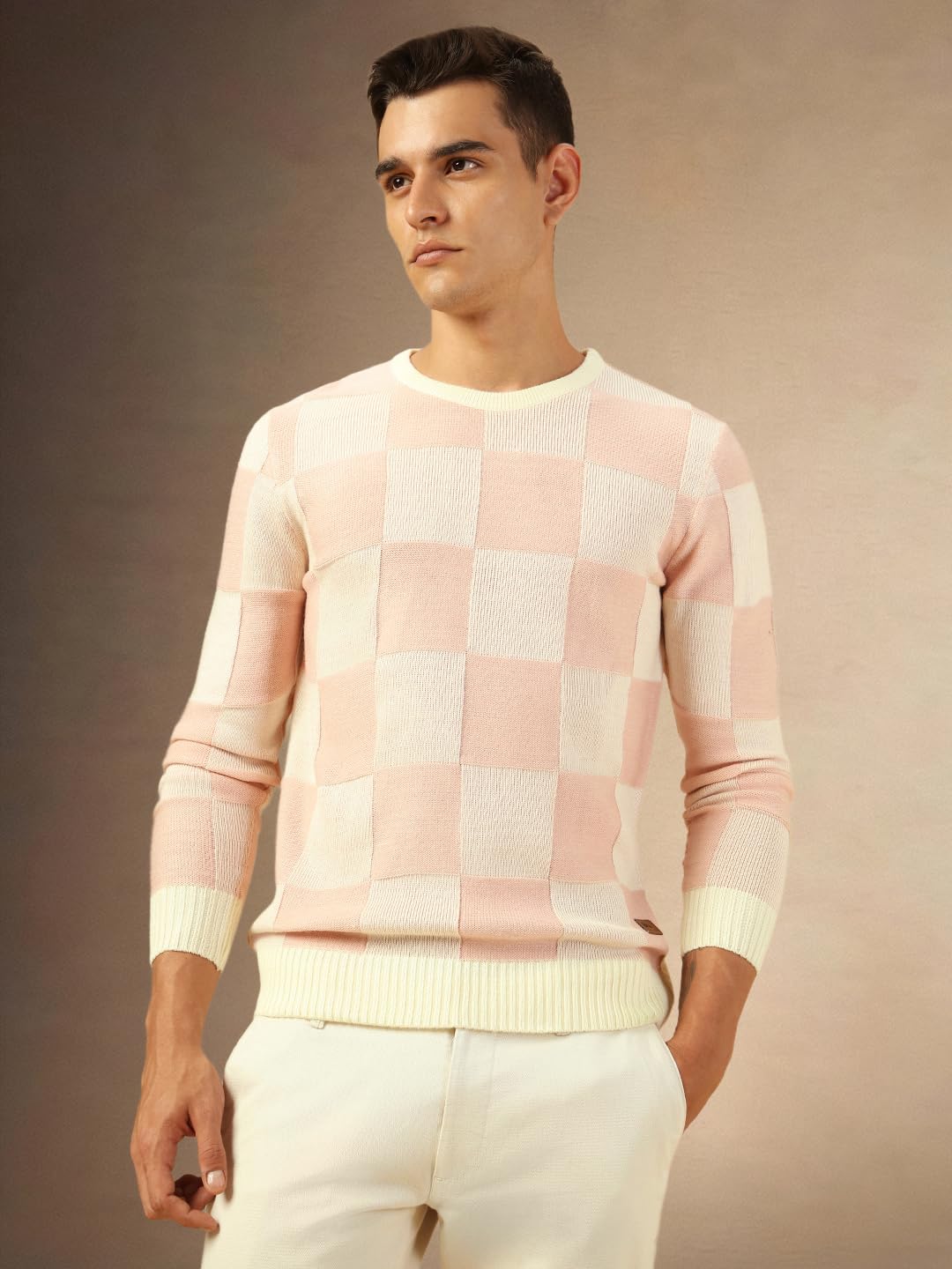 Dennis Lingo Men Regular Fit Acrylic Checks Full Sleeves Crew Neck Pullover Sweater Pink