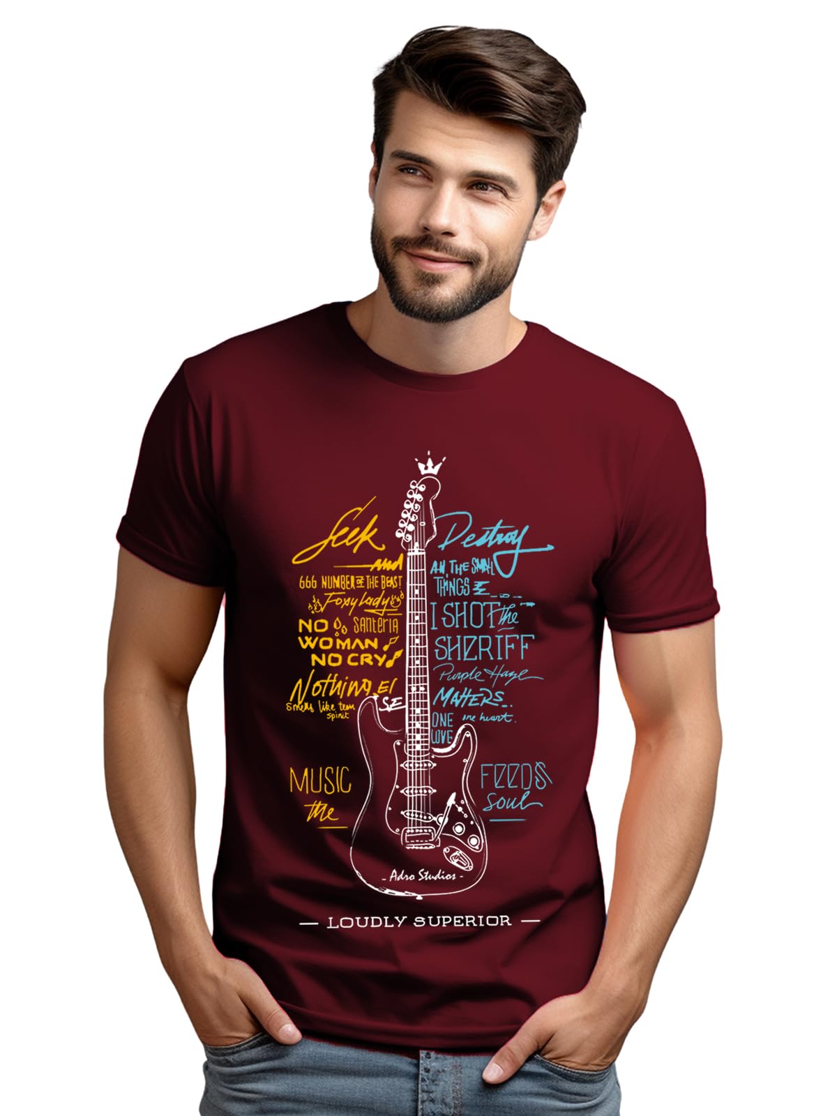 ADRO Guitar Design Printed T-Shirt for Men - 100% Cotton, Regular Fit, Soft Breathable Fabric | RN23-M-GTR-MR