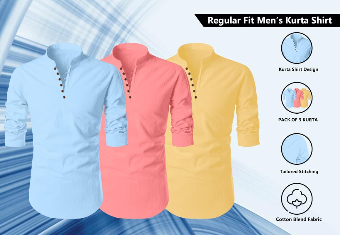 Finivo Fashion MenS Cotton Blend Regular Fit Solid Casual Kurta Shirt Pack Of 3