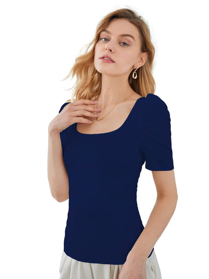Shasmi Womens Blue Pleated High Neck Short Puff Sleeve Ruched Bust Solid Tops for Women/Tops for Girls (Shree Top 22 Navy Blue