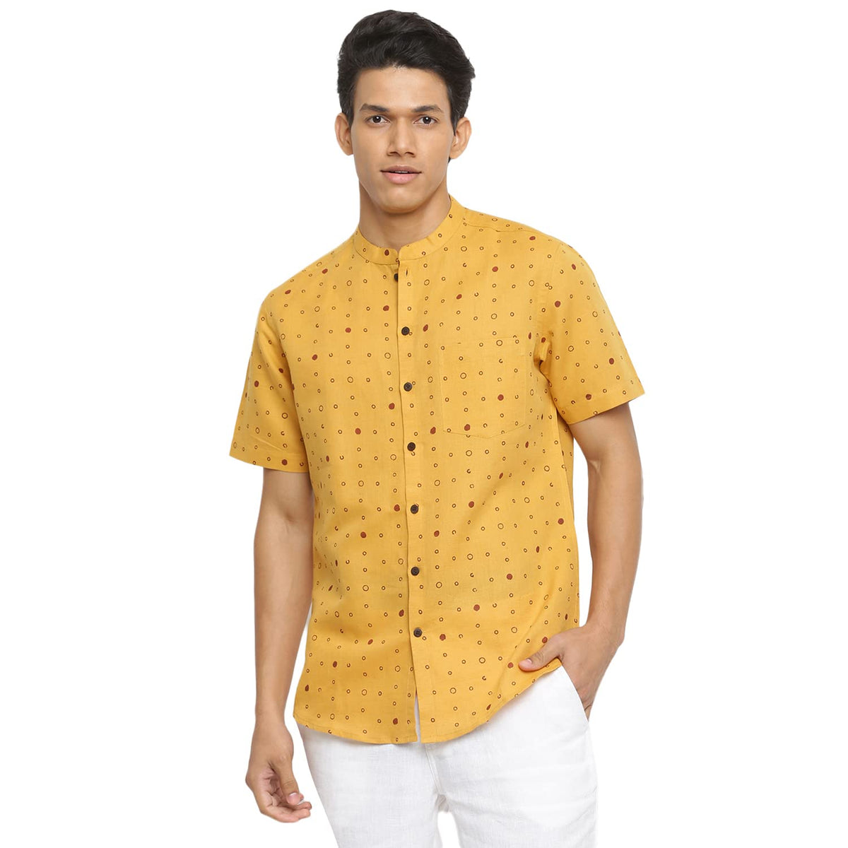 Fabindia Men Collar Linen Blend Printed Casual Shirt Chinese_Xl Yellow