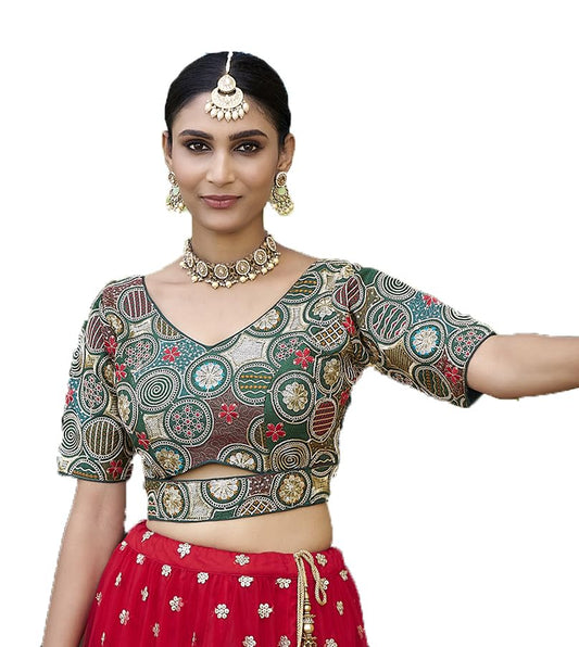 Pujia Mills Womens Blouse Readymade Blouse Embroidery Multi Coding Gold Thread Blouses Handwork Dark Green Color Readymade Sare