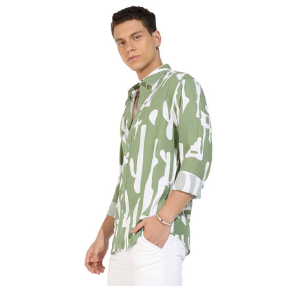 Campus Sutra Mens Sage Green Abstract Print Shirt for Casual Wear | Spread Collar | Long Sleeve | Button Closure | Heavy Rayon