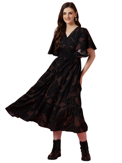 Sheetal Associates WomenS Maxi Geometric Print Crepe Flared Sleeve Casual Dress Black