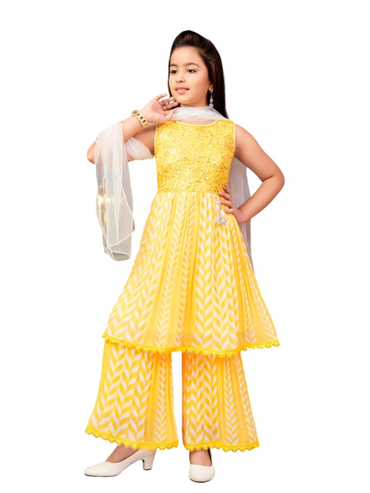 Aarika Girls Ethnic Wear Yellow Colour Beads Sequins Embroidery Georgette Kurti Sharara Set (5-16 Years)
