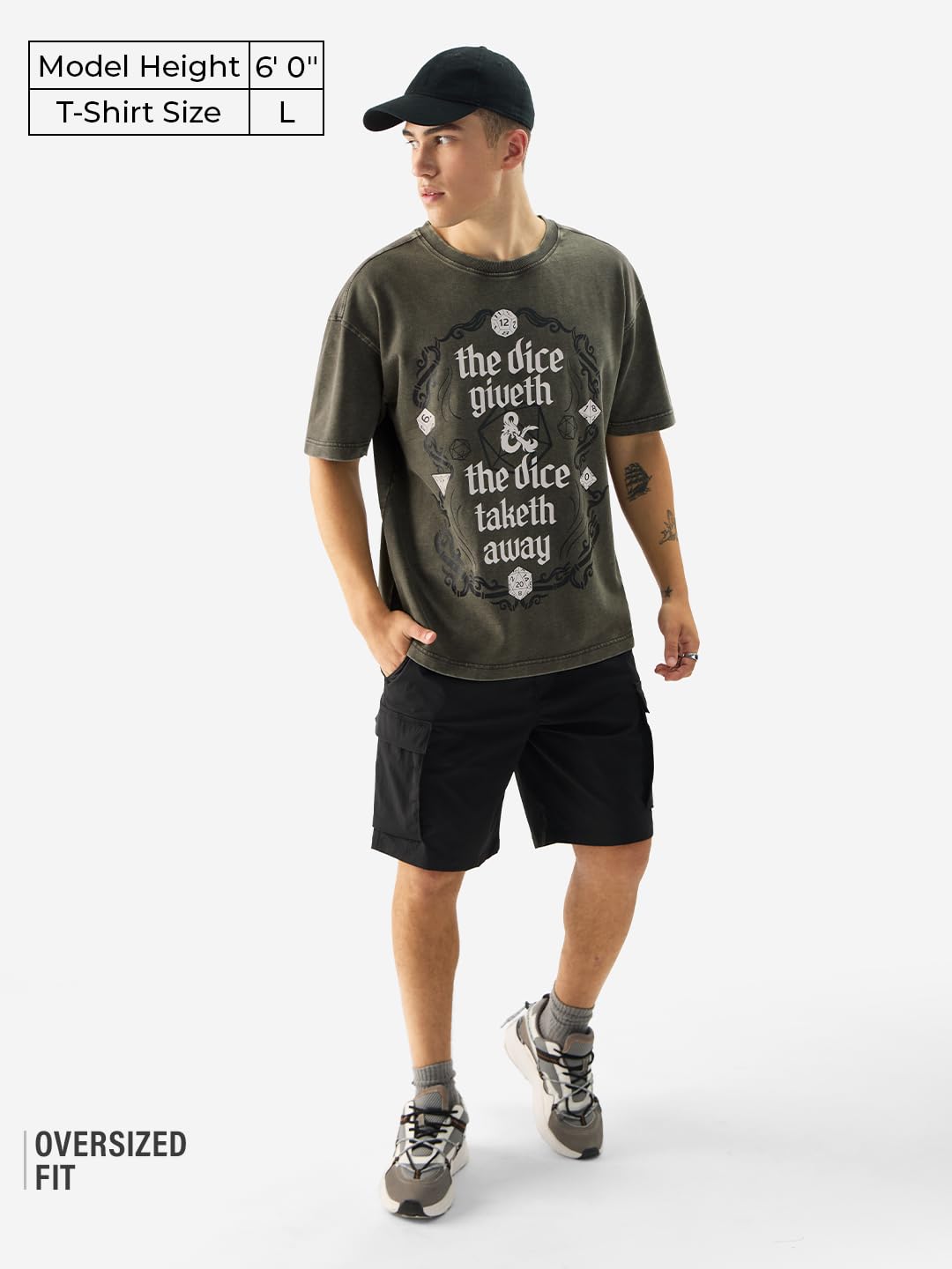 The Souled Store Official Dungeons & Dragons: Dice Give & Take Short Sleeve Round Neck Grey Graphic Printed Cotton Oversized T-S
