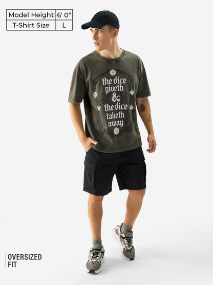 The Souled Store Official Dungeons & Dragons: Dice Give & Take Short Sleeve Round Neck Grey Graphic Printed Cotton Oversized T-S