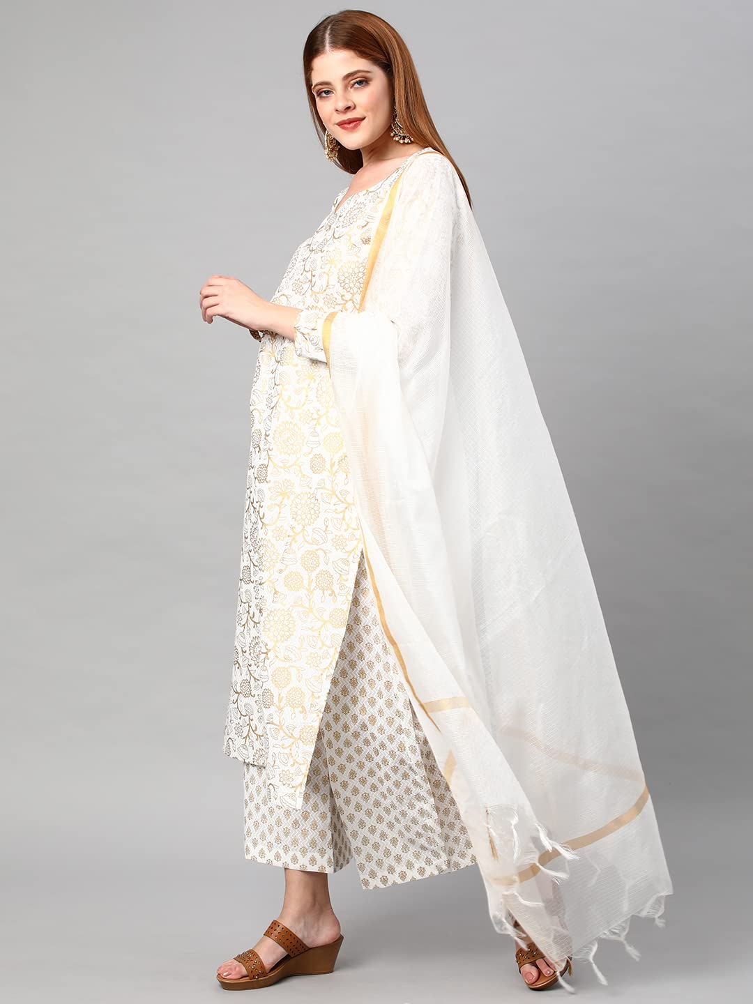 GoSriKi Women's Cotton Blend Printed Straight Kurta with Palazzos & Dupatta (Ghost-Off-White-Nw-GS)