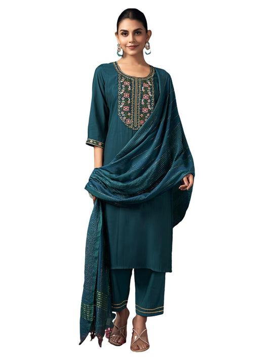 Sanisa Women's Silk Blend Embroidery Straight Kurta with Pant and Dupatta Set