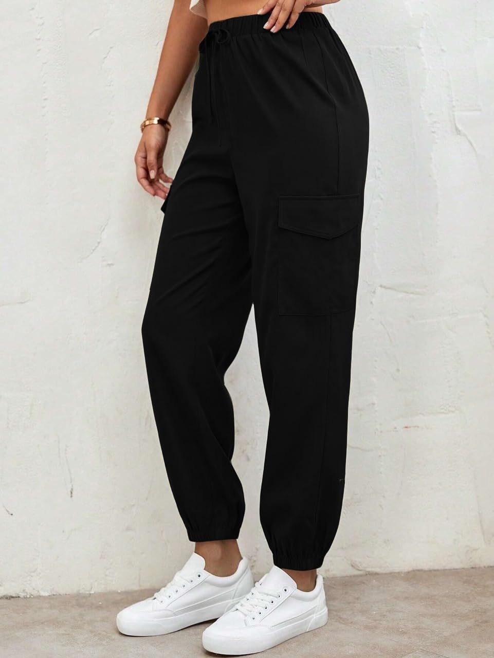TAGAS Womens Solid Flap Pocket Side Drawstring Waist Cargo Pants || Cargo for Women Black