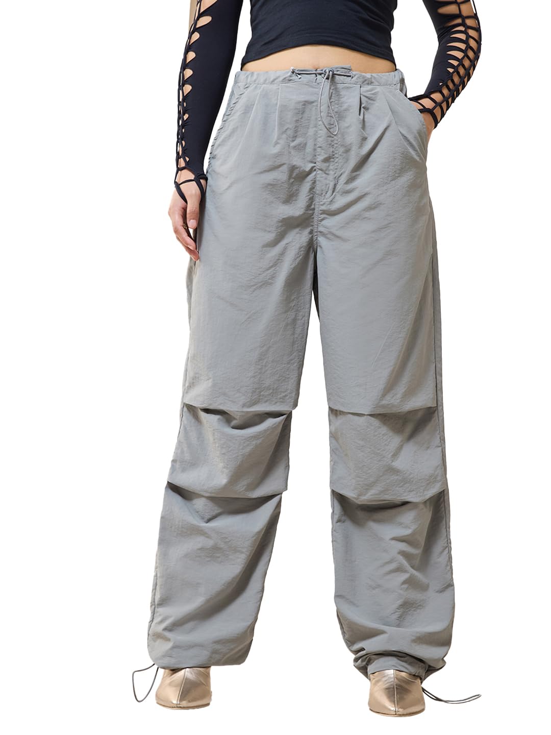 Bewakoof Womens Solid Baggy Oversized Fit Nylon Parachute Casual Pants_628729_Grey_2XL