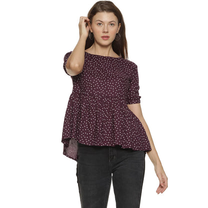 Campus Sutra Womens Maroon Polka Dot Print Top for Casual Wear | Crew Neck | Short Sleeve | Polyester Top Crafted with Regular