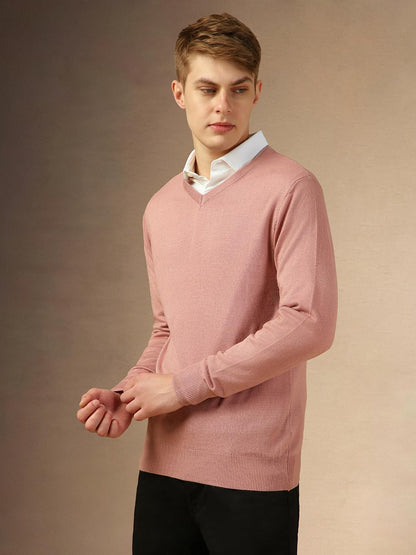 Dennis Lingo Men Acrylic Solid Slim Fit Full Sleeve V-Neck Pullover Sweater Pink