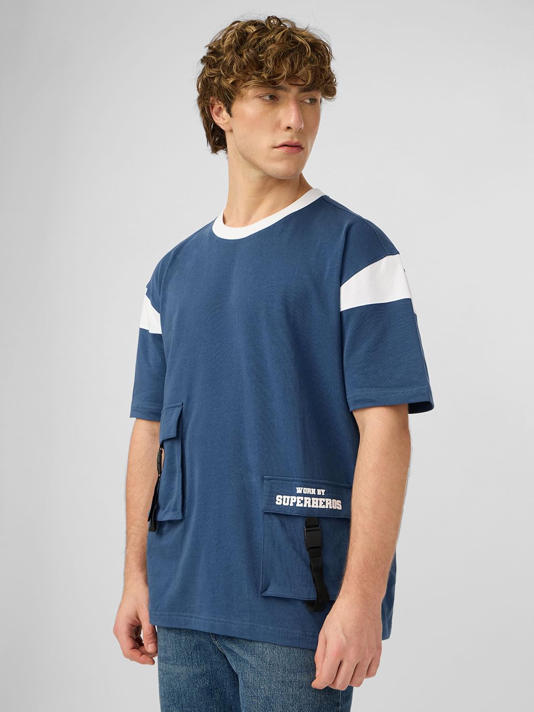 The Souled Store Utility T-Shirt: Pacific Men and Boys Short Sleeves Round Neck Blue Solid Cotton Oversized T-Shirts