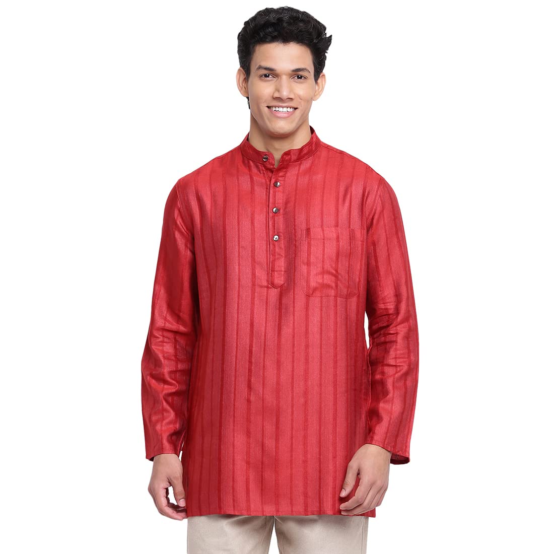 Fabindia Men Viscose Blend Dobby Short Kurta Red_L
