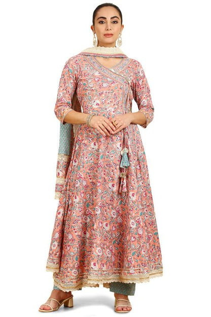 Soch Womens Peach Floral Print Angrakha Cotton Suit Set
