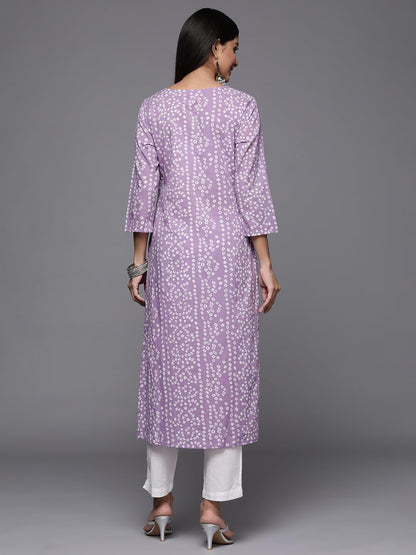 Varanga Lavender Bandhani Print Embroidered Kurta For Women, Round Neck, Traditional Ethnic Wear, Comfortable & Stylish For Casu