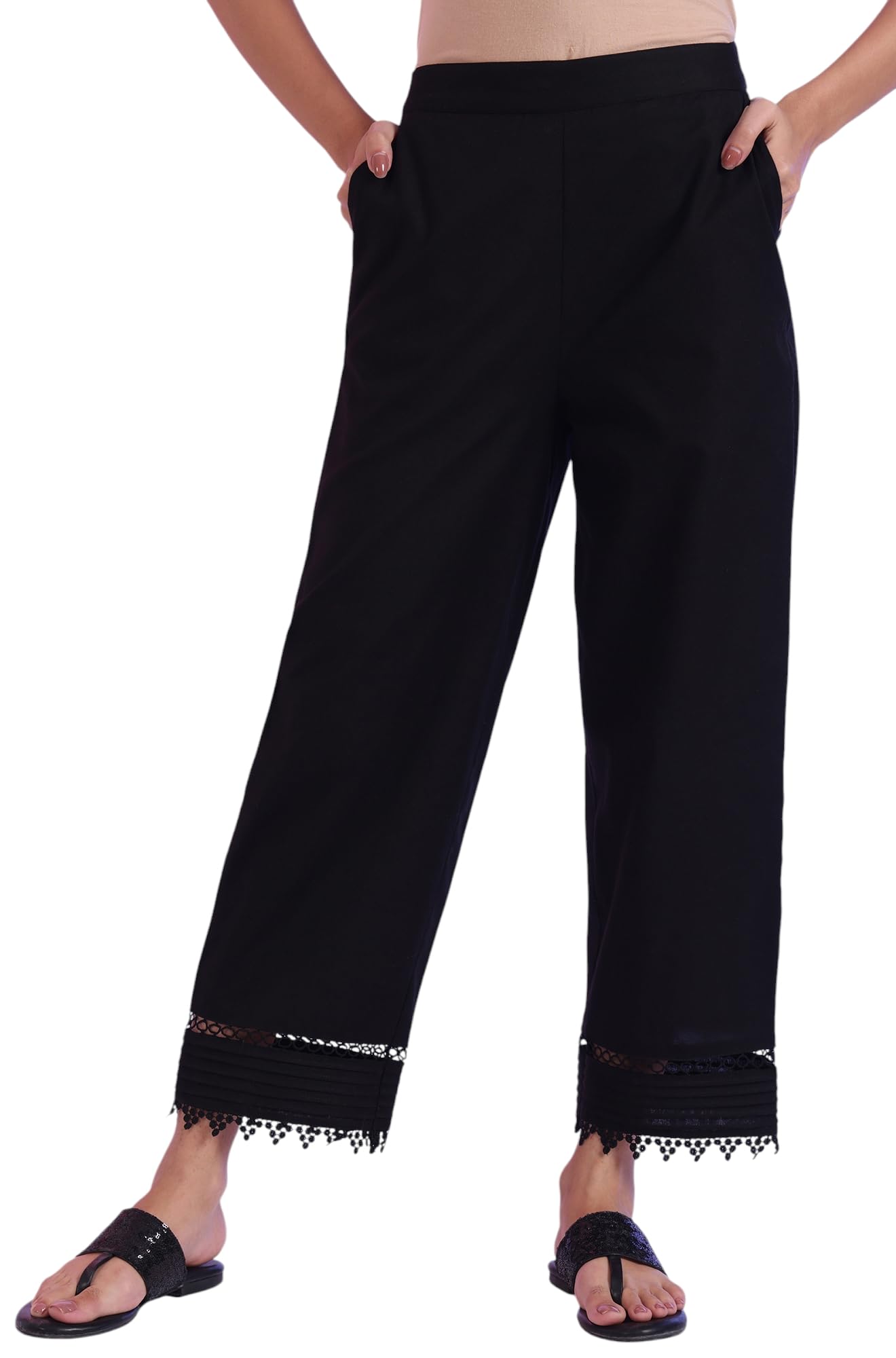 Aurelia Women's Black Solid Cotton Flaxe Ankle Length Palazzos with Lace (Size: 2XL)-A60354-606088
