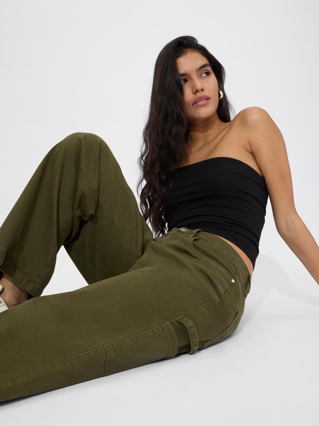 The Souled Store Solids: Olive Women and Girls Buttoned Cotton Blend Straight Fit Comfortable Wide Leg Jeans
