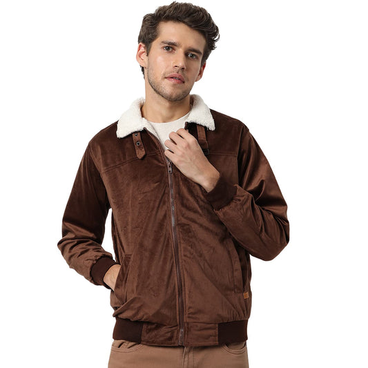Campus Sutra Mens Solid Brown Fleece Puffer Regular Fit Bomber Jacket For Winter Wear | Standing Collar | Full Sleeve | Zipper