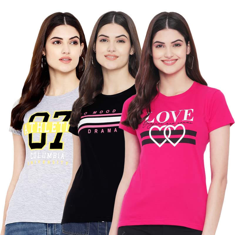 Preneum Womens Cotton Regular Fit Latest Graphic Stylish Printed Short Sleeves Casual T-Shirt || Trendy & Styling (Pack 3), Gre