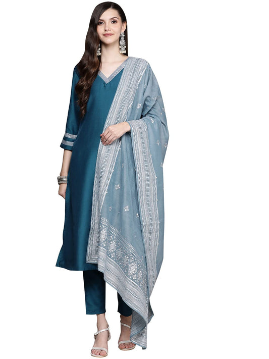 ZIYAA Women's Teal Chinon A-Line Kurta, Pant And Dupatta Set(ZISKDCH3863)
