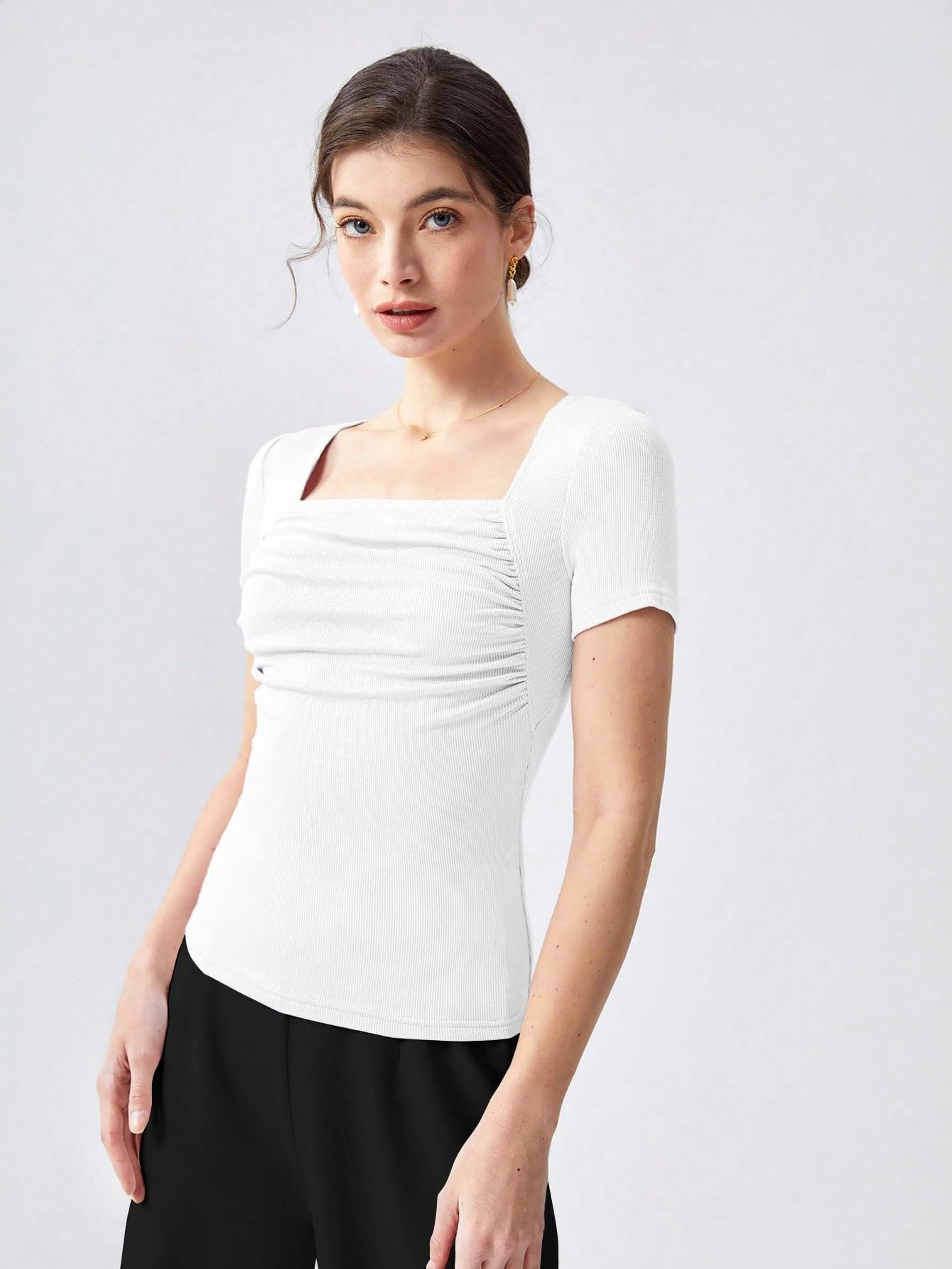 Shasmi Womens & Girls White Womens Summer Square Neck Solid Color Ruched Tee Workwear Pleated Casual t-Shirt for Women (Top 1
