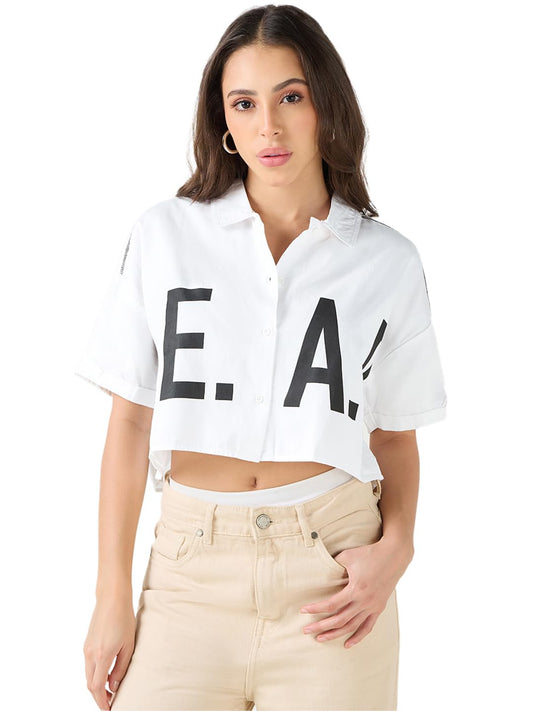 Bewakoof Womens Typography Oversized Fit Half Sleeve Collared Cotton Crop Shirt_628169_White_2XL
