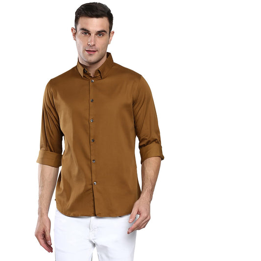 Dennis Lingo MenS Solid Brown Slim Fit Satin Lycra Casual Shirt With Concealed Button Down & Full Sleeves